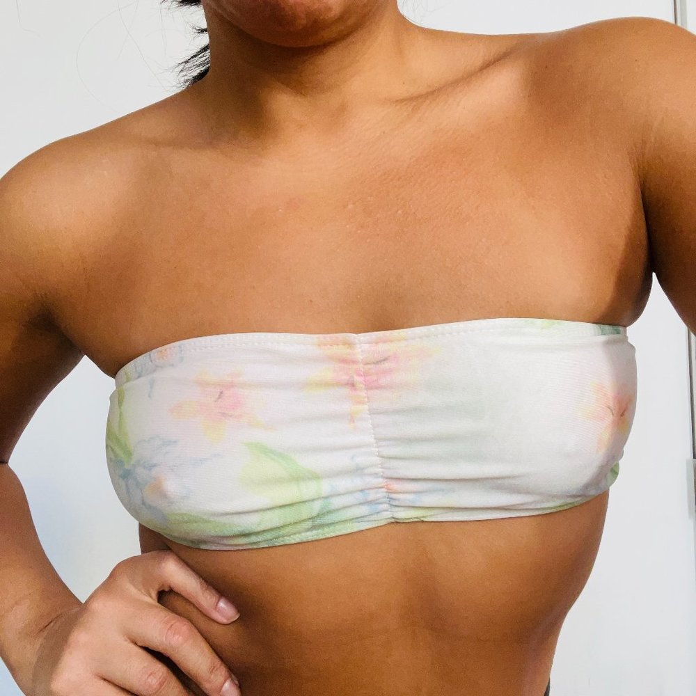 American Apparel Women Light Green Pink Floral Swimsuit Tube Top S